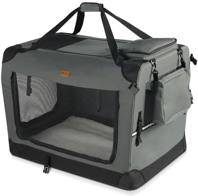 VOUNOT® Trasportino per Cani Gatti Borsa da Trasporto Cane con Materasso Morbido Striscia Riflettente, Box Scatola Pieghevole Viaggio per Animali Domestici, Portabile Traspirante, (M)60x44x44cm Grigio