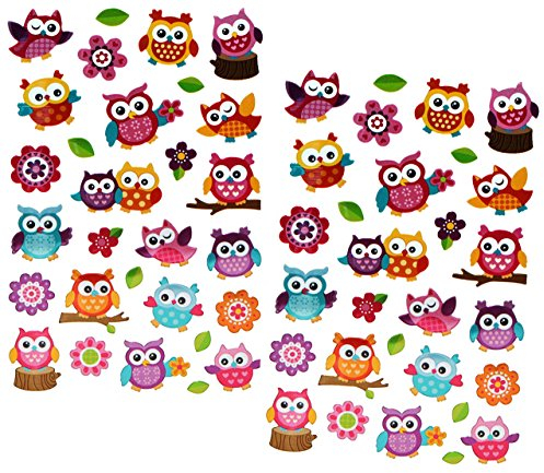 alles-meine.de GmbH 58 TLG. Set Stickerset/Sticker/Aufkleber - Eulen bunt auf AST mit Blumen - Bäume blau Vögel Tiere Eule Bunte Baum Blätter
