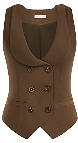 Belle Poque Damen Weste mit Gebogenes Revers V-Ausschnitt Karierte Weste mit Zwei Taschen Geometrischer Saum Einfarbig Jacke