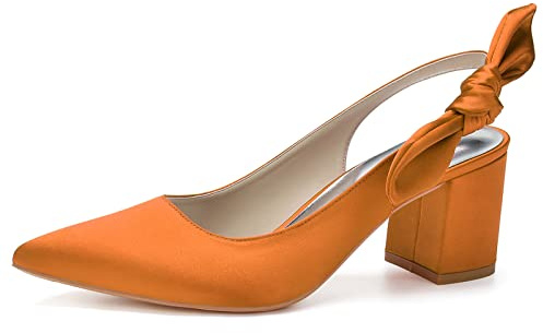 LRMYMHY Zapatos De Novia con Tacón Ancho para Mujer Punta Cerrada Bombas Sandalias Satén Destalonado Zapatos De Boda De Fiesta,Naranja,38 EU