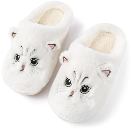 Puimentiua Pantufla de Gato Linda para Mujer, Pantuflas de Invierno de Dibujos Animados, Pantuflas de Gato para Mujer Cómodas, Antideslizantes, Pantuflas de Hombre de Piel, Mules, Pantuflas, blanco