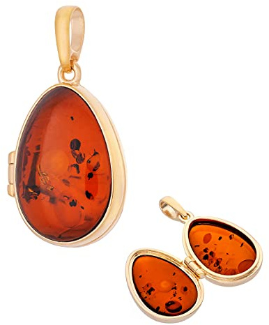 AMBEDORA Halsband Dam Smycke, Bärnstenshänge med Bärnsten, Guldpläterat Sterlingsilver, Naturlig Baltisk Bärnsten, Oval Medaljong 2 med Fri Kedja, Amber
