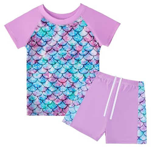 JiAmy Girls Swimming Costume Kids Two Piece Short Sleeve Swimsuit UV Sun Protection Swimwear Summer Beach Bathing Suit 5-6 Years