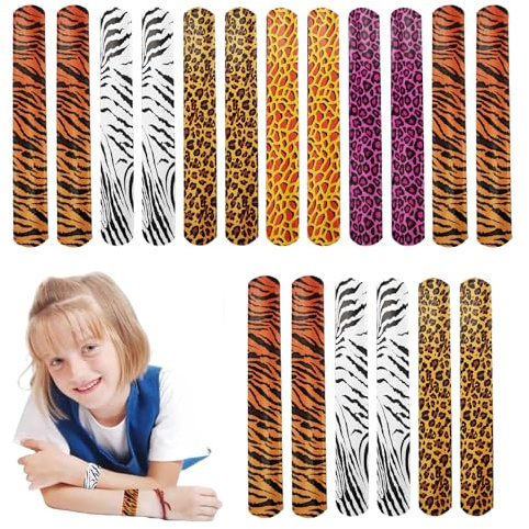 POPOYU 24 pulseras con estampado de leopardo, tigre, cebra, jirafa, bandas de pulsera a presión para bolsas de regalo, regalos de fiesta de safari, pulseras para niños, safari de la selva, animales,