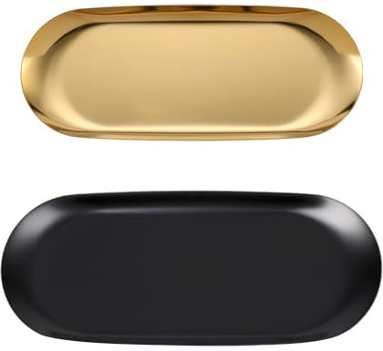 ZBHDEYG 2 Stück dekoratives Edelstahl-Tablett, Oval, Schwarz, Gold, Modern, Poliert, 30x12x1,1 cm, 23x9,5 cm, für Dekoration, Kosmetik, Schmuck, Desserts, Schlüssel, Sonnenbrille