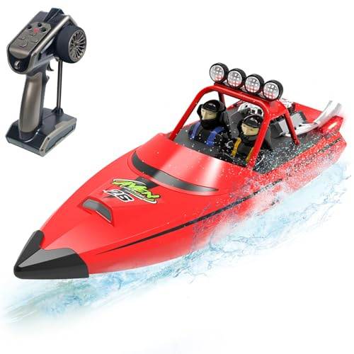 Hitish RC Boat for Kids Adults 2.4GHz Remote Control Boats with LED Light for Pool Lakes Water, 20MPH Fast Speed Racing Jet Boat Toy for Boys Girls, 2 Rechargeable Batteries 40+ Mins, Red