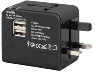 Adaptador de Viaje Universal con 2 Puertos USB Cargar Varios Dispositivos en Cualquier Parte del Mundo, Ideal para quienes viajan con frecuencia.