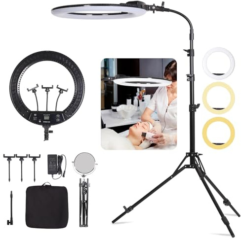 FEIFANTEAM 19 LED Ring Light Luce Anulare Kit con Stativo, Specchio e Supporto per Telefono per La Fotografia in Studio, Ritratto, Selfies, Live Streaming, Registrazione Video, Trucco di Bellezza