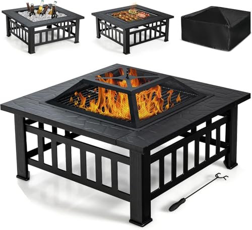 GOPLUS Brasero Exterior Jardin 3 en 1, Brasero Cuadrado de Hierro con Parachispas, Póker Largo, Rejilla para Barbacoa, Rejilla para Leña, Mesa Chimenea para Barbacoa Fogata Picnic Camping (Negro)
