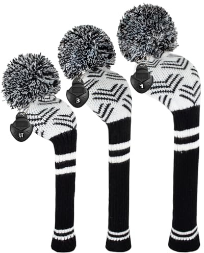 Scott Edward Golf Club Cover with a Pom Pom Set of 3 Fits Well Driver(460cc) Fairway Wood and Hybrid(UT) with Rotating Club Number Tags for Male/Female Golfers (White Black Arrows)