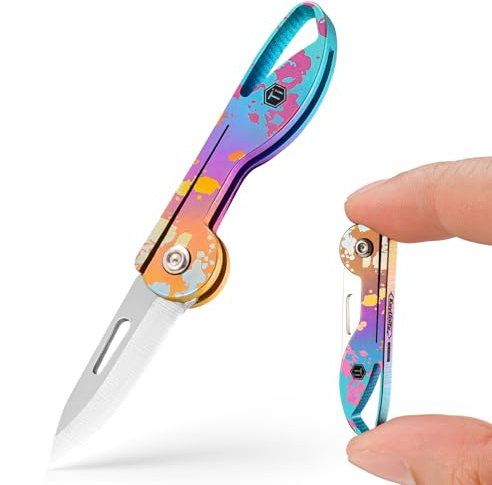 KeyUnity KK05 Liten fällkniv i titan, mini-edc-kniv med integrerat nyckelhål, lätt nyckelkniv, för camping (TI36P)