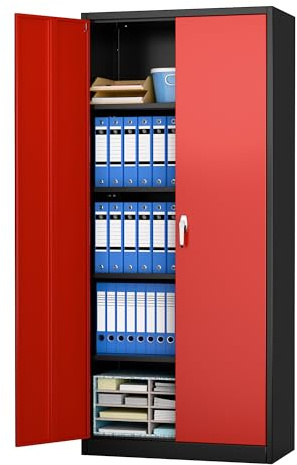 SUPEER Armoire de rangement en métal 2 portes 4 étagères réglables 180 cm acier entrepôt garage maison bureau assemblage facile (noir/rouge)