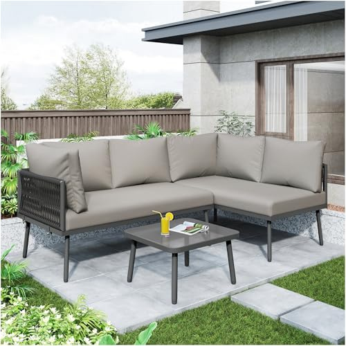 Lubvtti Juego de jardín Exterior de Hierro,Sofá Jardin Exterior (2 sofás y 1 Mesa),sofá esquinero en Forma de L con Cojines de Asiento, Patas Ajustables, Muebles de jardín, Gris