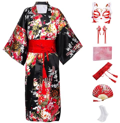 CRFASIBE Niña Kimono Japonés Set con Accesorios, Inspirado en Yukata, Traje Tradicional para Cosplay, Festival Cultural y Fiesta, Carnaval(Negro,140cm)