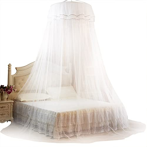 NOENNULL Prinsessnät, andas, rund, spets, sänggardin för flickor, vit, bröllopsstil, nät med däck, queen size, för upphängning, sänghimmel för babysäng, dubbelsängar (vit)