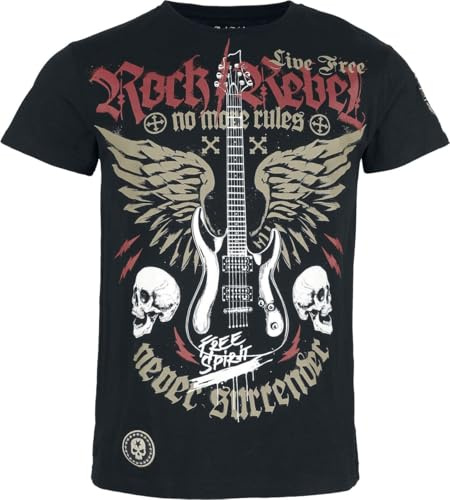 Rock Rebel by EMP Hombre Camiseta Negra con Gran Estampado Frontal y Parches en la Parte Delantera y los Hombros M