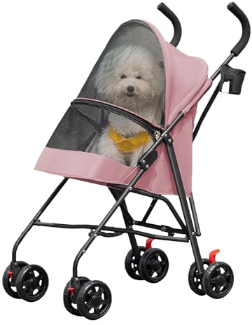 Poussette 2 en 1 pour petit chien et chat, poussette pliable, 4 roues, maille respirante, facile à transporter,Cadre en acier au carbone + tissus Oxford 300D,Rose
