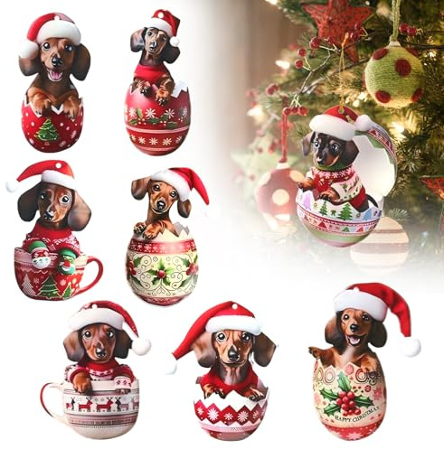 Zidoley Adornos navideños de 8 Piezas con Forma de Perro Salchicha, adorables Colgantes navideños de Perro Salchicha, Adornos navideños (Dachshund)