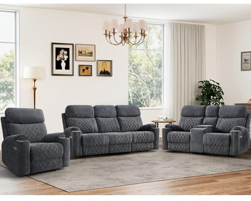 HAOMARKETS 3-Piece Power Recliner Sofa Set with Charging Port, Include Single Recliner Chair, 2-Seater Loveseat Reclining Couch and 3-Seater Reclining Sofa with Cup Holders for Living Room, Dark Grey