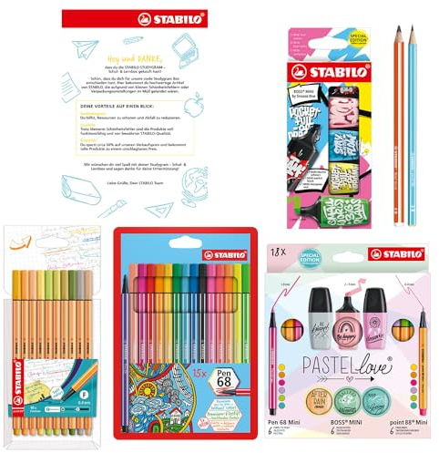 STABILO - Mega Schulset Vorteilspaket - mit 10x point 88; 6x point 88 Mini Fineliner; 15x Pen 68; 6 x Pen 68 Mini Filzstiften; 11x BOSS MINI Textmarker Sparparket