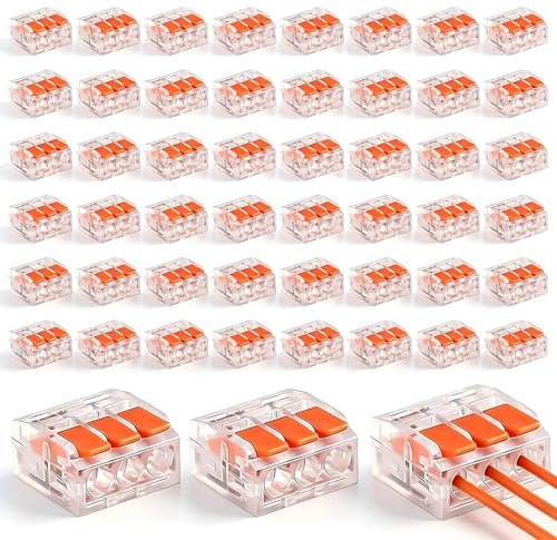 Kontazmi kabelkopplingar, 50 stycken kabelkopplingar med manöverspak, 3-poliga elektriska kopplingsplintar/anslutningsblock, anslutningsklämmor för fasta och flexibla kablar (orange)