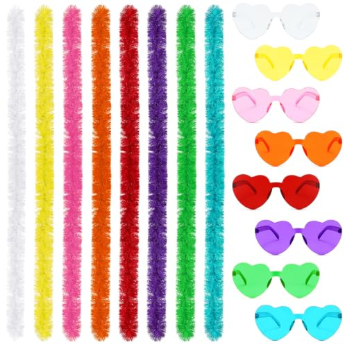 Cinvo 16-pack partyset – 8 st 2,0 m konstgjorda fjäderboas i blandade färger och 8 st hjärtformade plastglasögon – roliga kostymtillbehör för fester, fotograferingar och evenemang