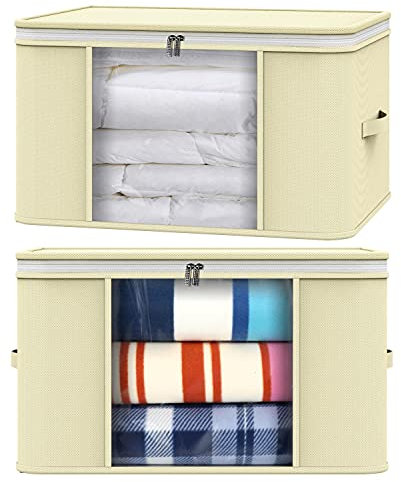 Vinsani 2pcs Clothes Storage Bags Organiser Huge Capacity Wardrobe Duvet Underbed Storage with Double Zipper, Moisture-Proof Big Clear Windows Perfect Space for Clothes, Beddings, Blankets – Beige