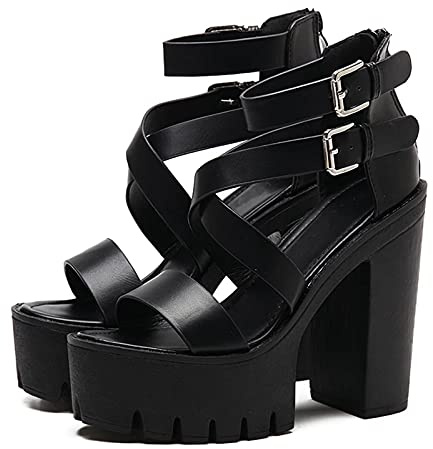Femmes Bout Ouvert Talons Hauts Sandales Plate-Forme Chaussures pour fête discothèque Sexy Noir Gothique Femme Chaussures de Haute qualité,Noir,38 EU