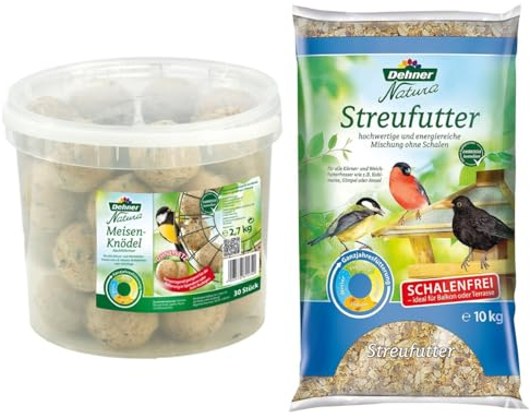 Dehner Natura Wildvogelfutter, schalenfreies Streufutter, 10 kg & Natura Wildvogelfutter, Meisenknödel ohne Netz, 30 Stück (3 kg)