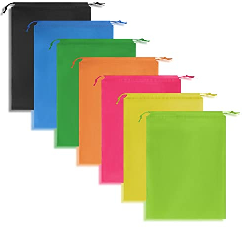 QEEQPF 7 Stück Reiseschuhbeutel - Staubdichter Schuhbeutel mit Kordelzug - Vlies - Schwarz, Blau, Grasgrün, Fruchtgrün, Orange, Pink, Gelb