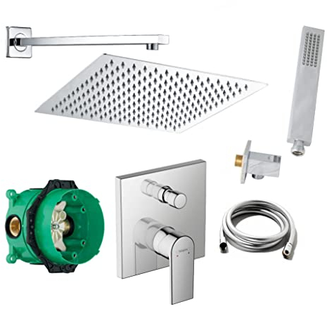 vanvilla Duschsystem mit Unterputz Duscharmatur von Hansgrohe Einhebelmischer und vanvilla Regendusche mit Armatur, Duschkopf eckig, Dusch-SET HG32 poliert