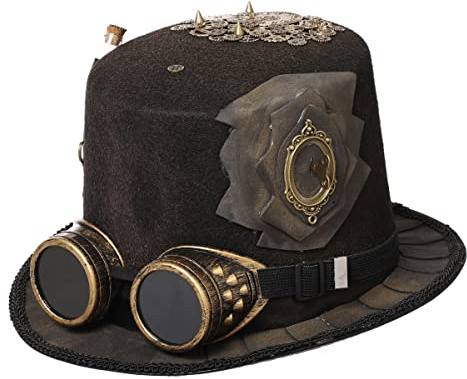 BLESSUME Steampunk Cappello Cilindro con Occhiali per Halloween, feste a tema, Carnevale (M, Bronzo 1)