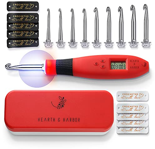 Hearth & Harbor Light Up Crochet Hook Set with Case, Counting Crochet Hook Set Digital for Stitch and Row Counter, Lighted Crochet Hook Set with 9 Interchangeable Crochet Hooks