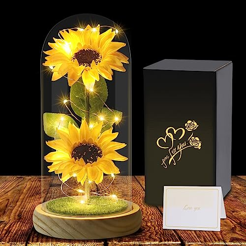 Christmas Sunflower Gifts for Women - Sunflowers Birthday Gift for Mom Wife, Eternal Flowers in Glass Dome, Unique Present for Mother Grandmother Girlfriend for Birthday, Anniversary, Valentine's Day