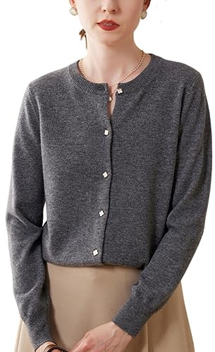Valin Gilet Cachemire 95% Femme Col Rond Gris foncé Solide Couleur Tricoté Mince Manches Longues Fin Cardigan en Cachemire et Laine,38,SPR2248
