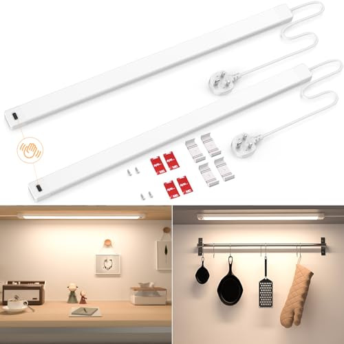 Under Cabinet Lighting, Hand Wave Activated, Dimmable 60CM 4000K Warm White 560lm, Plug in LED Cabinet Lights Kit for Kitchen, Counter, Shelf, Desk, Workbench 2Pack