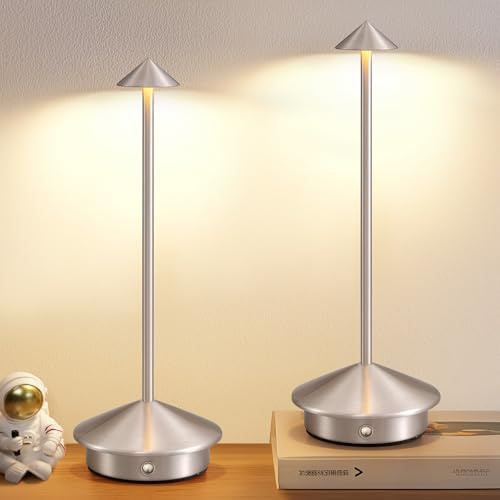 NEWSEE Modern Cordless Table Lamp Set of 2, Portable LED Desk Lamps, 5000mAh Rechargeable Battery Operated Lighting for Bedroom Dining Room Restaurant Coffee Shop Camping Night Light (Brushed Nickel)