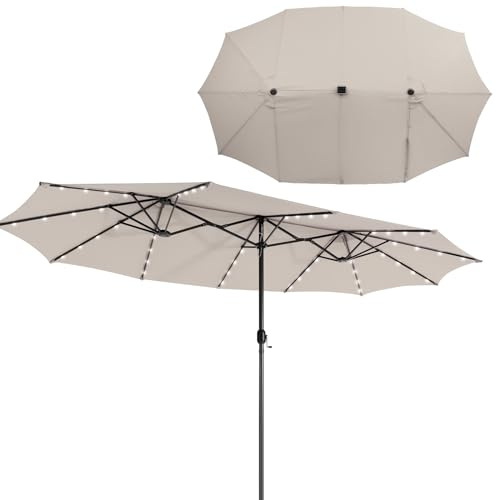 KOMFOTTEU Sombrilla Doble 470x280x246,5cm con LED, Parasol de Jardín Rectangular con Manivela, Sombrilla de Balcón Grande con Panel Solar de Carga Automática y UPF 50+ para Piscina, Patio (Beige)