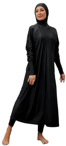 IMEKIS Burkini for Women Modest Muslim Swimwear Islamic Swimming Costume with Hijab 3pcs Long Sleeve Full Cover Tankini Set Bathing Suit Black-Long XL