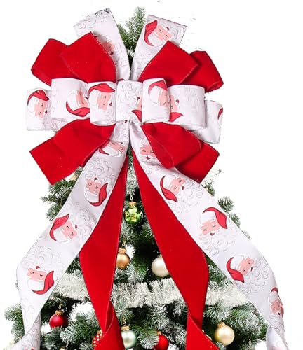 Christmas Tree Topper Christmas Wreath Bow, 52 * 13 inches Tree Toppers Bow withSanta Claus Patterned Ribbon for Xmas Tree Christmas Rustic Farmhouse Home Holiday Party Decorations Red White