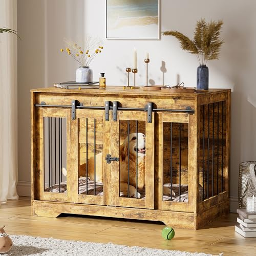 MSFE Gabbia in Legno per Cani da Interno, Mobili con Doppie Porte Scorrevoli e Serratura Laterale per Taglia Media e Grande, 105 * 58 * 75.4cm