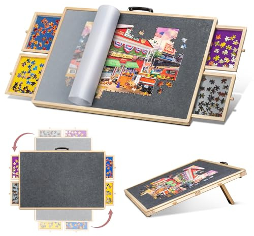 Lavievert 2-in-1 Tilting & Rotating Jigsaw Puzzle Board with 4 Colored Drawers & Cover, Wooden Swivel Puzzle Plateau for Adults, Portable Jigsaw Table with Non-Slip Tabletop