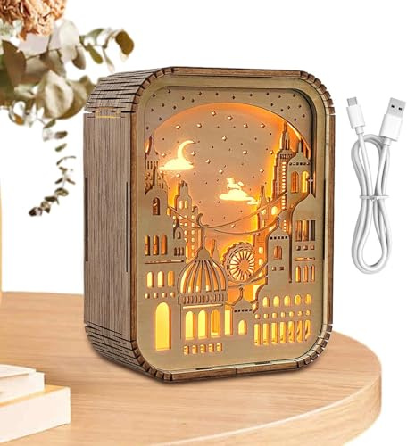 Luz LED de de madera, luz de noche de talla de madera, Puzzles de madera Luz nocturna LED, Decoración artesanal con carga USB para salón, espacio de trabajo, dormitorio, sala de estudio