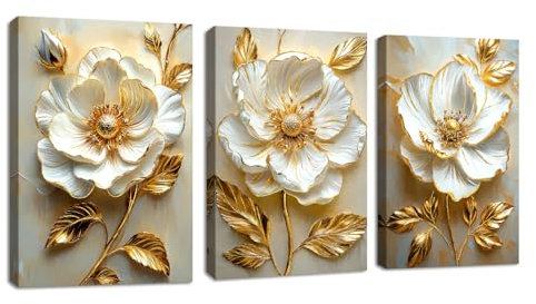 3Pcs Moderno In Metallo Texturizzato Floreale Stampa su Tela Con Cornice,3D Bianco fiori Oro Foglie Quadri Moderni pittura su tela poster Decorazione Murale Adatto Soggiorno Camera da letto 40x60cmx3