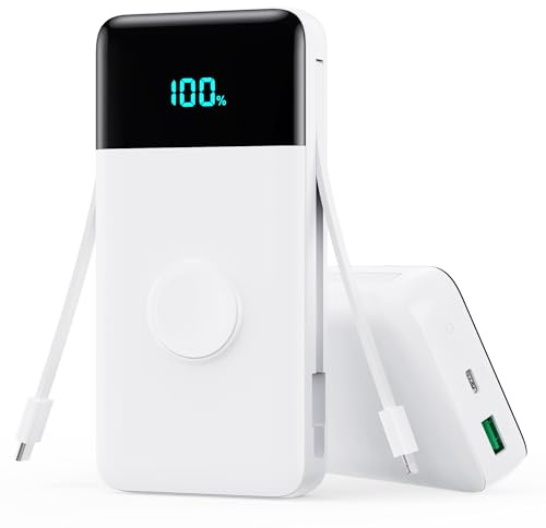 Trswyop Power Bank 26800mAh con Cargador i-Watch, 25W PD+QC4.0 USB C Carga Rápida Batería Externa con 2 Cables Integrados, 5 Salidas Cargador Portátil LCD Compatible con Apple Watch, iPhone, Samsung