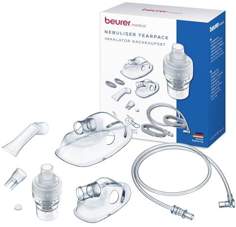 Beurer IH 16 Yearpack, ett komplett set med tillbehör inklusive nebulisator, medicinbehållare, munstycke, barnmask, vuxenmask, 5 utbytesfilter, nebulisatorsats för IH 16 inhalatorn, desinficerbar