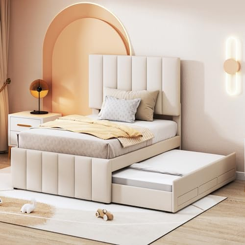 Oxtao Lettino imbottito per bambini, 90 x 200 cm, con letto estraibile e 3 cassetti, testiera regolabile, letto singolo per 2 bambini, letto per ragazzi con rete a doghe, lino (beige, 90 x 200 cm)