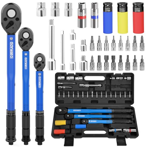 GoYwato Torque Wrench Set 33PCs - ±3% Accuracy Click Torque Wrenches Kit with 1/4 3/8 1/2 Drive Wrench & 30 CR-V Accessories & Calibration Certificate & Carrying Case for Motorcycle Bike Car Repair