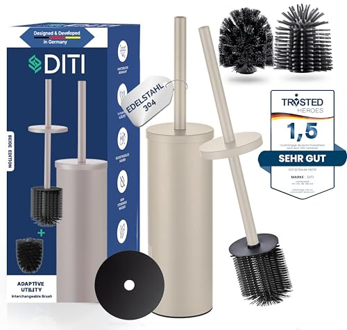 DITI® Toalettborste, rund silikonböj, matt – rostfritt stål, 304 toalettborste, rostfri, toalettborste med hållare och stänkskydd, inklusive ersättningsborstar, antibakteriell för grundlig rengöring
