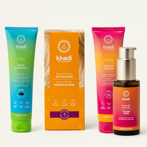 khadi Pflanzenhaarfarben ColorCycle Bundle – MITTELBLOND Pflanzenhaarfarbe + Deep Cleanse Shampoo + Color Finish Conditioner + Color Care Haaröl
